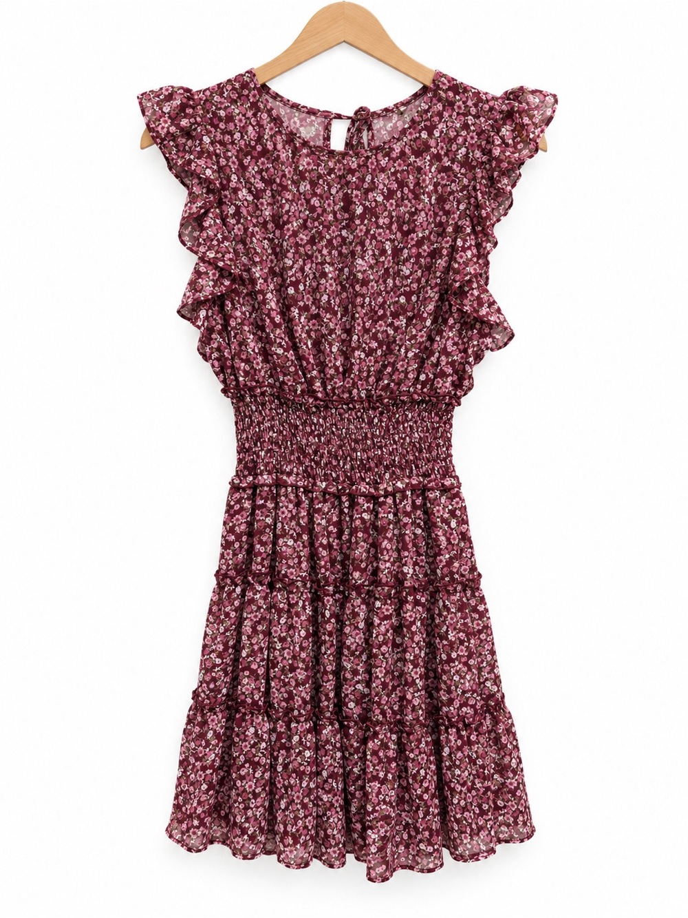 Altar’d State Smocked Waist Floral Ruffle Sleeve Dress - Burgundy Pink medium